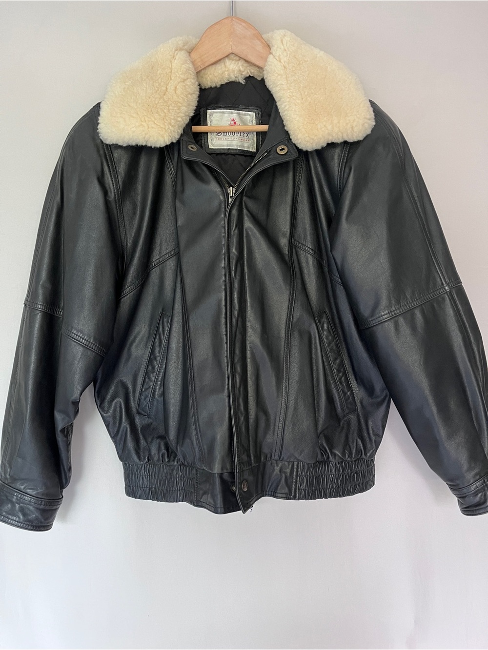 SwooPlex Leather Bomber Jacket Detachable Shearling Collar Black Aviator Unisex